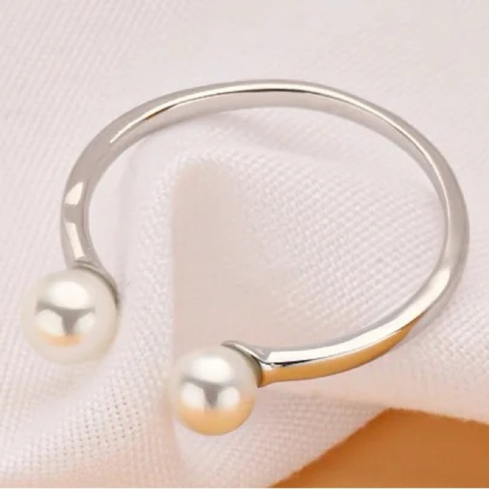 925 Sterling Silver Open Bypass Pearl Ring Adjustable Size 5-7 Minimalist